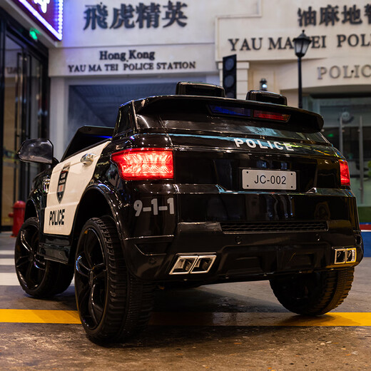 WORK BABY儿童电动车四轮警车四驱汽车男女小孩带遥控玩具车可坐人宝宝童车 【标配黑色】双驱 仿警笛 爆闪警 电力驱动