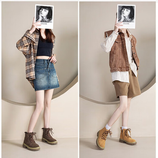 
Plain Martin Boots Women's Short Boots Brown Spring 2025 New Retro Work Suit Western British Style Thick Sole Heightening Denim Boots Martin Boots Women [7-hole Brown Zipper Style] 36