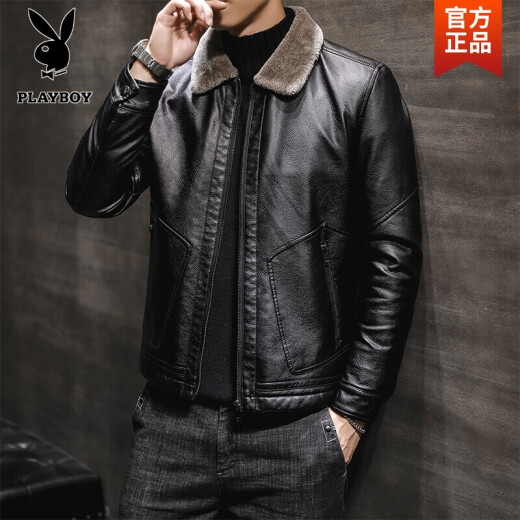 Playboy flagship official store 2020 new product Haining Leather Jacket Men's Sheepskin Plus Velvet Thickened Soft Leather Jacket Men's Pie Overcome Fur Jacket Fur Integrated Black XL-[Sheepskin and Fur Integrated!]