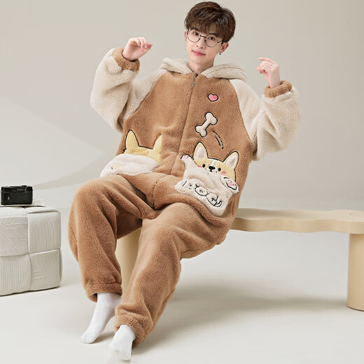 少年情话睡衣男秋冬款加绒加厚珊瑚绒带帽冬天休闲家居服套装可外穿连体衣 YPF3893哈士奇 男XXL(150-185斤)