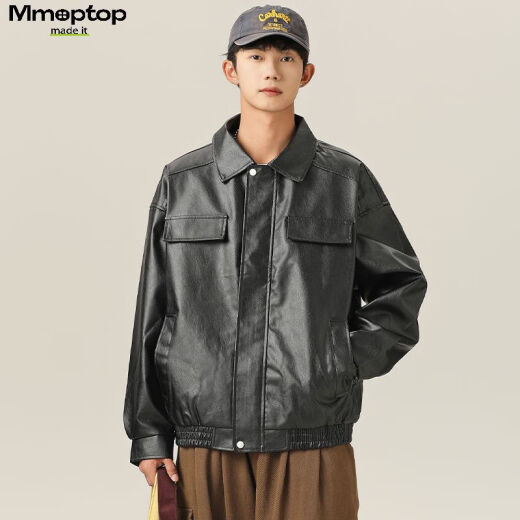 MMOPTOP潮牌美式鳄鱼纹PU皮衣外套男士春秋季翻领机车夹克YH26 黑色 L