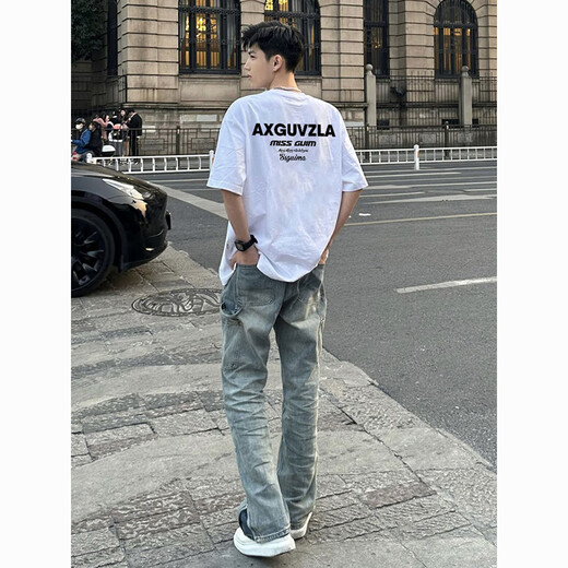 Qumile American street fashion brand letter printing heavy short-sleeved T-shirt men's summer casual loose white cotton base shirt white L [recommended 100-120 Jin [Jin equals 0.5 kg]]