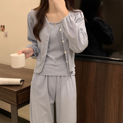 猫人四季款睡衣女纯棉2025年新款纯欲风甜美带胸垫简约蓝色三件套装 三件套 831 杏色 带胸垫可拆 M 建议80-95斤