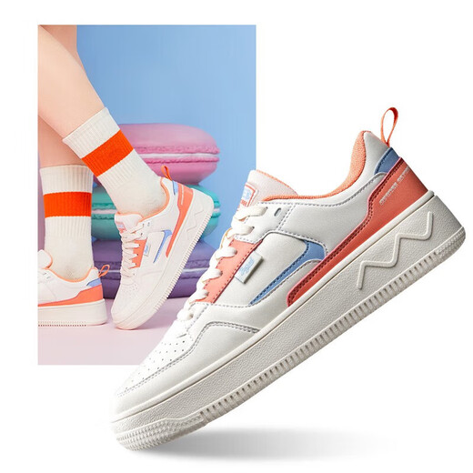 361 Chaussures pour femmes, chaussures décontractées, 2025 Chaussures pour la planche à roulettes pour femmes Summer, Face en cuir, petites chaussures blanches, chaussures de sport imperméables pour femmes, plume blanc / orange rose 6623 37