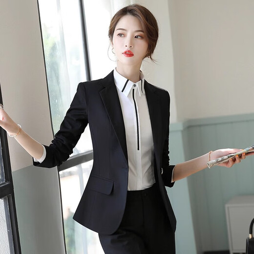Jian Ting suit suit for women professional formal wear 2026 spring and autumn new temperament women's suit jacket high-end hotel work clothes one button dark blue suit pants + gray blue shirt 3XL slim fit recommended 129Jin Jin equals 0.5kg -138Jin Jin equals 0.5kg