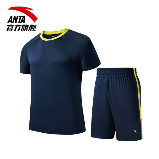 ANTA official flagship sports suit summer men's short-sleeved fitness suit running sports suit two-piece set Mingyue Blue-1XL (Male 180)