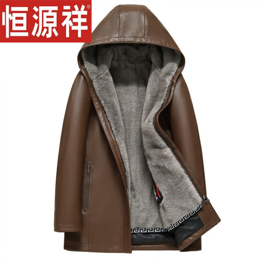 恒源祥海宁真皮衣男进口水貂内胆整貂皮毛一体派克服皮草大衣中长款外套 棕色 54