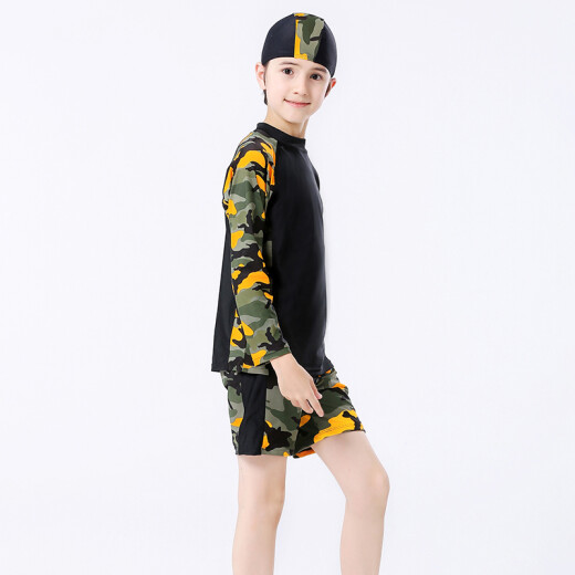 Yosoci children's swimsuit for big boys quick-drying swimwear hot spring shorts short sleeve long sleeve sunshade boy 120Jin [Jin equals 0.5kg] three-piece set with swimming cap 155 black long sleeve (2045) 4XL