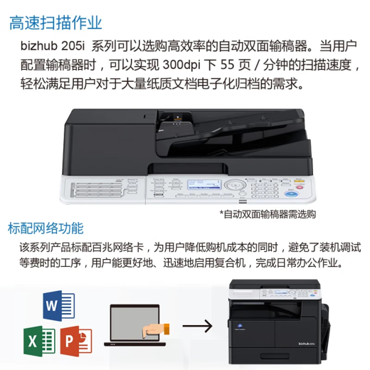 柯尼卡美能达205i 215i 225i 6180en a3打印机复印机A4黑白激光多功能一体机扫描网络办公家用 225i套餐1+底柜