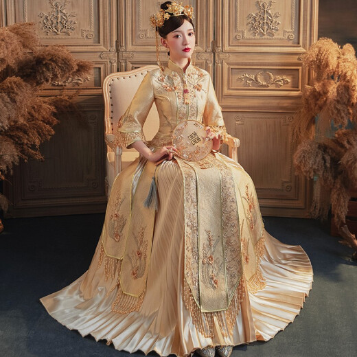 Longmanisi Xiuhe Clothing Bridal Wedding Dress New Ancient Costume Hanfu Wedding Dress Toast Suit Douyin Internet Celebrity Same Style Cheongsam Internet Celebrity 2 Gold M