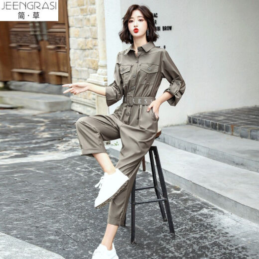 Jiancao overalls jumpsuits for women 2021 spring new Korean style fashionable casual simple temperament trendy waist slimming solid color long-sleeved jumpsuits K976 military green XL