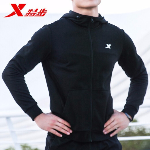 特步外套男装2025春季新款针织休闲上衣连帽卫衣男运动外套 黑-9276 2XL 185