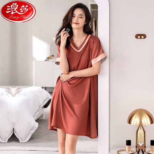 LangSha 2025 new nightgown women pajamas summer thin cool short-sleeved sexy mid-skirt ice real silk home clothes thin white oak 9923 L 165