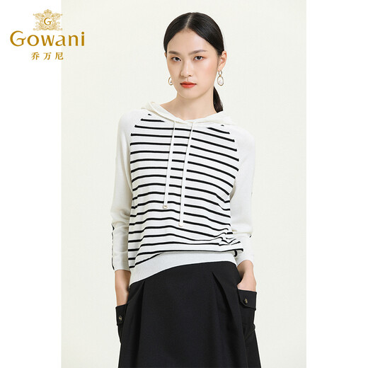 Giovanni spring new hooded sweatshirt striped black and white stitching designer wool long-sleeved top black striped S