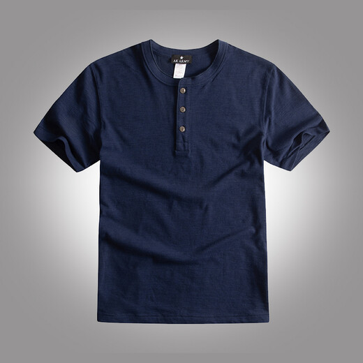 AK ARMY Spring and Summer New Ami Khaki Retro Henley Collar Short-Sleeved T-Shirt Men's Casual and Versatile White Short-Sleeved T-Shirt Men Navy Blue L