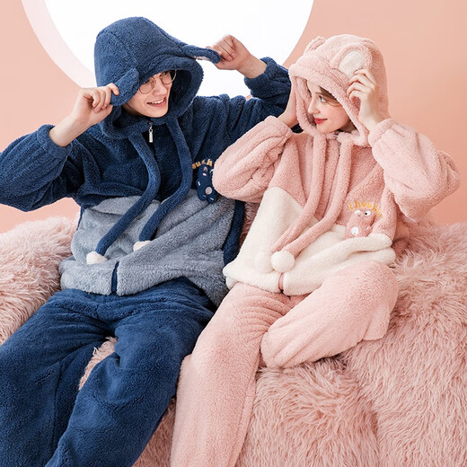 Fenten couple's pajamas autumn and winter thickened hooded coral velvet warm drawstring cartoon fashion home wear pajamas set cherry blossom pink (women's style) XL