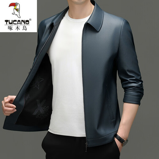 Woodpecker (TUCANO) autumn new Haining leather leather jacket men's cowhide short casual jacket daddy lapel men's leather jacket black lapel M suggests 125 Jin [Jin equals 0.5 kg] below