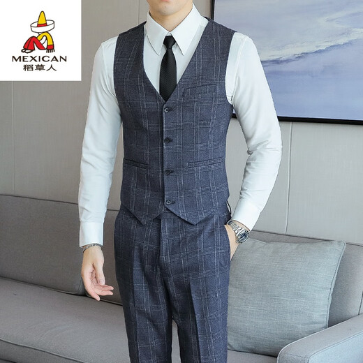 Scarecrow suit men's Korean style business three-piece suit, formal fit, groomsmen's dress, plaid casual suit jacket, blue suit + vest + pants + shirt, free L