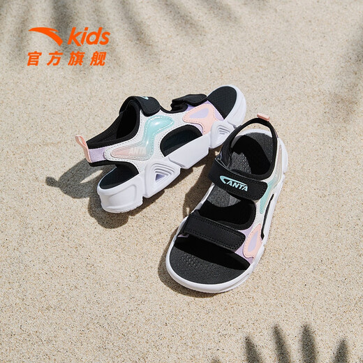 ANTA children's sandals for boys and girls, summer open-toe soft-soled sports comfortable arch sandals, women's white/light fog purple/black-1 28, shoe inner length 17.5cm