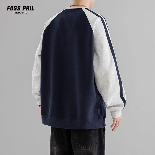 Foss Phil撞色卫衣男秋冬季休闲潮牌宽松圆领美式T恤打底衣8891藏青色XL