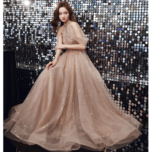 Coole Huke Art Exam Kleid Musik Schüler High School Generation Kleid Frauen Champagner Farb Abendkleid Frühling Banketttemperament Promi Champagner Pulver Langstil XL