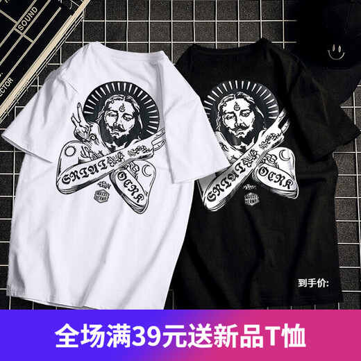 嘉晔短袖T恤男嘻哈国潮短袖T恤男情侣潮流宽松港风潮牌半袖男装 kpT687黑色 3XL