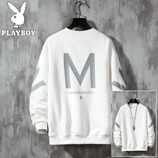 [Not closed] Playboy long-sleeved T-shirt men's round neck new trendy letter print spring and autumn men's fashion brand loose sweatshirt men's tops bottoming shirt with loose autumn clothes spring Y158 white (normal delivery) XL
