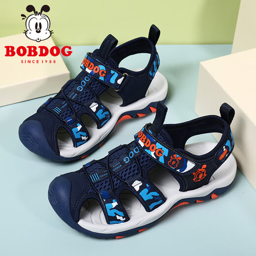 巴布豆（BOBDOG）童鞋男童凉鞋夏季新款时尚透气儿童包头沙滩鞋软底防滑旋转扣鞋子 902宝蓝色 34 码/内长22.0cm