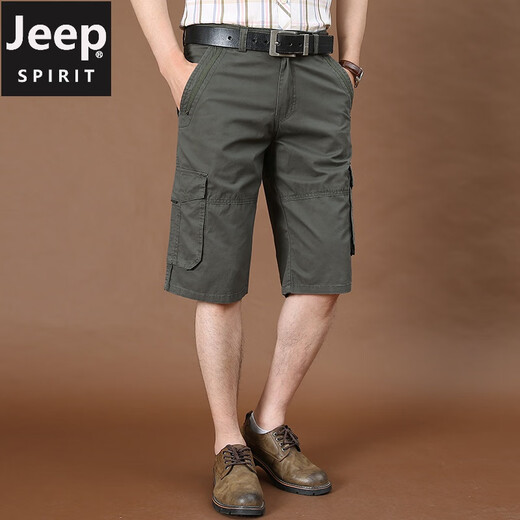 Jeep (Jeep) Trabajo Shorts Summer de algodón del algodón del algodón del algodón puro para hombres Pantalones de cinco puntos de gran tamaño Medio calzones múltiples pantalones cortos de bolsillo múltiple 9889 Militar Vend 42 tres pies Tres tres