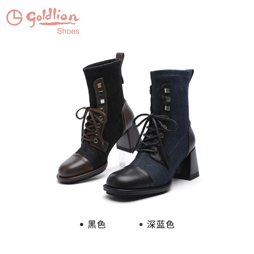 金利来（goldlion）女靴秋冬新款英伦绑带粗跟马丁靴酷飒高跟弹力瘦瘦靴女 黑色 36