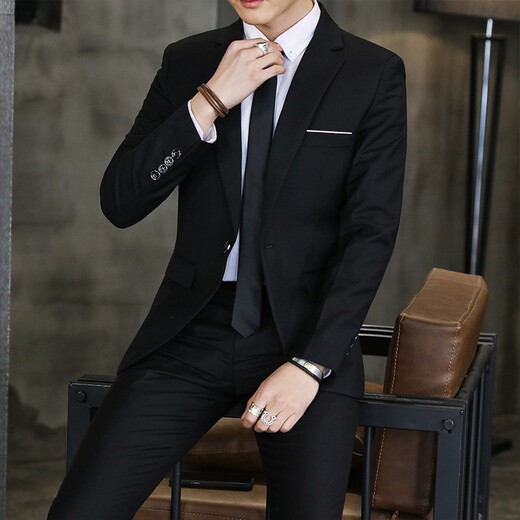 Yu Zhaolin Men's Clothing Four Seasons Suit Set 2-Piece Set (Coat + Pants) Business Casual Working Groom's Groom's Wedding Groom's Wedding Gown YMTXFT195175 Black 2XL+33