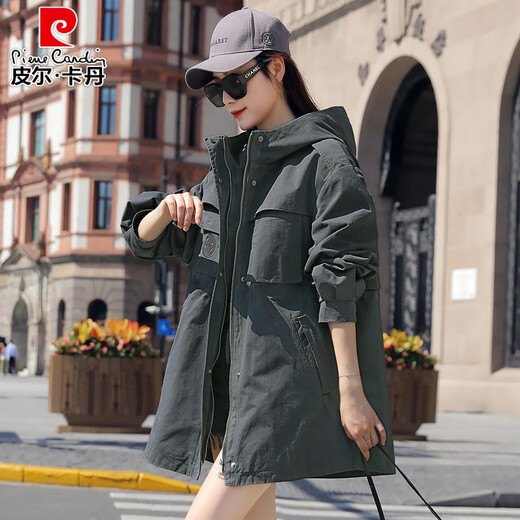 Pierre Cardin windbreaker women's mid-length 2025 spring and autumn new Korean version loose small high-end fashion workwear short coat trendy Khaki M