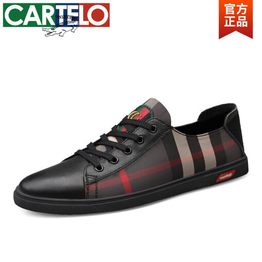 CARTELO autumn breathable leather shoes plaid shoes European station trendy shoes Korean version canvas shoes small size fashion casual shoes men's shoes 11968 black 40