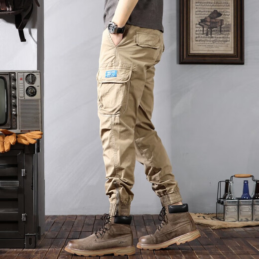 Berühmte Sommer-Tarnung Overalls für Männer losen Krawatten Casual Hosen für Männer Stretch Sport Multi-Tocket Harem Hosen Kamel 28 [90-110jin [Jin gleich 0,5 kg]]]