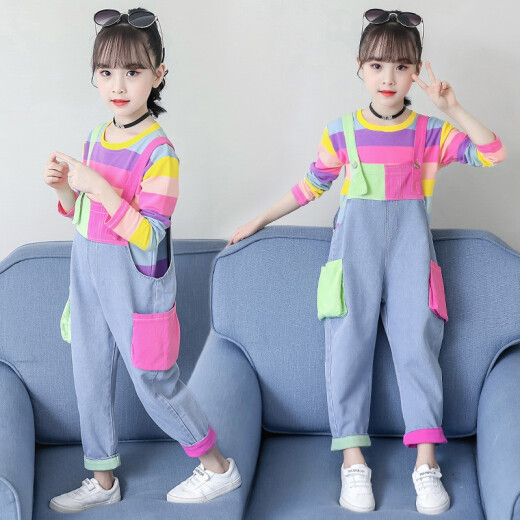 Shangbi Cool Children's Clothing Girls Suits Autumn Clothes 2022 Spring and Autumn New Children's Suits Large Children's Striped Denim Overalls Two-piece Set Korean Style Little Girls Clothes Trendy 3-15 Years Old Blue 150 Sizes [Recommended Height About 1.4 Meters]