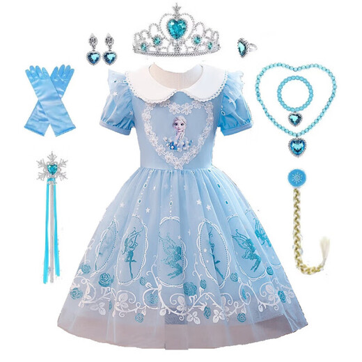 G.duck Elsa Princess Dress Girls Spring and Autumn Frozen Puff Dress Autumn and Winter Children's Elsa Dress Dress Skirt Long Sleeve Blue (with Veil) + Eight-piece Set 120 Suitable for heights around 110cm