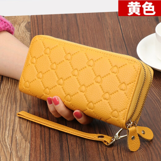 Quality Clutch Women's Wallet 2020 New Fashion Clutch Long Genuine Leather Double Zipper Wallet Double Layer Large Capacity Clutch Bag Yellow Heart