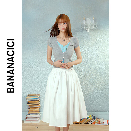 
banana cici 2024 summer new fake two-piece contrasting color icy wool short-sleeved knitted cardigan C242MY739 light blue L