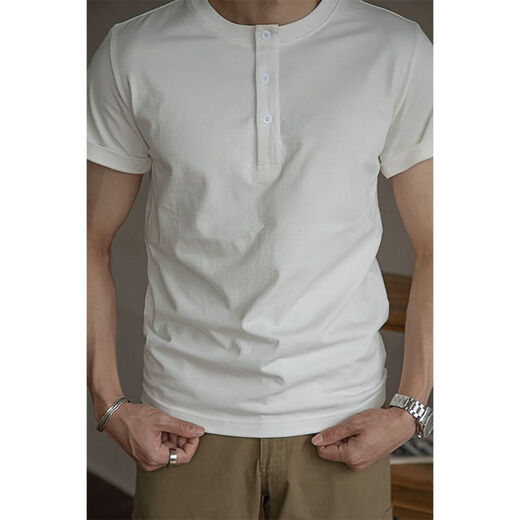 JEEP SPIRIT pure cotton T-shirt men's henley shirt short-sleeved men's summer American stand-up collar tough guy trendy bottoming shirt casual half-sleeved T-shirt white collar stand-up three-button sleeve short XL (180) -