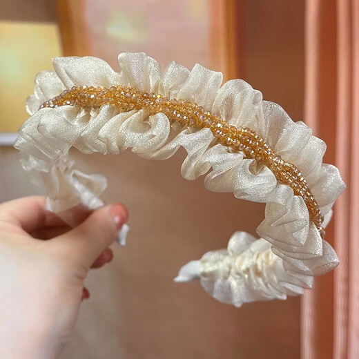 WEISHINI temperament mesh pleated crystal headband high-ceiling girl press hair to show face small hairpin face-washing girl new hair accessories 1# organza crystal headband-black A12-302