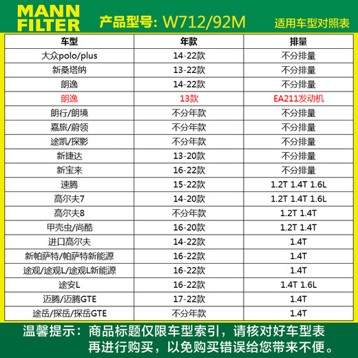 MANNFILTER original oil filter oil filter element W712/92M/W7157 Lavida Sagitar Octavia High 7 Passat Q3