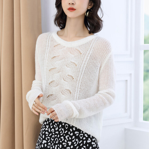 [High-end Light Luxury] 2020 Early Autumn New Mohair Sweater Women's Thin Knitted Blouse Loose Pullover Hollow Outer Wear Lazy Trend White XL