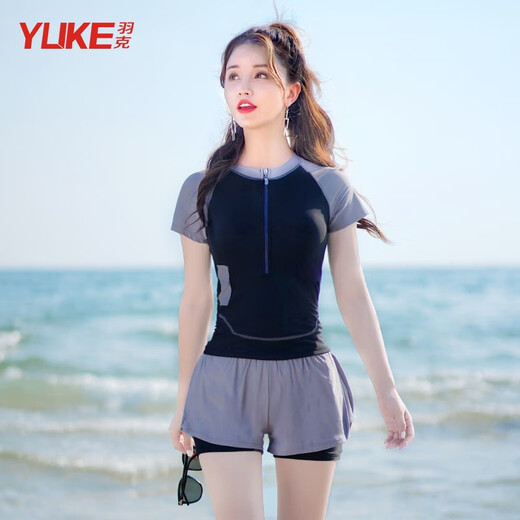 Zailu swimsuit female conservative student two-piece split belly-covering slimming swimsuit 2024 new sports hot spring swimsuit dark gray nose clip earplugs + flat swimming goggles M size recommended weight 88100Jin Jin is equal to 0.5 kg