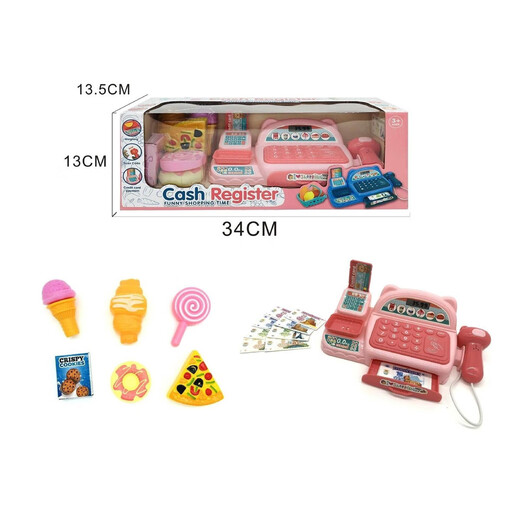 Nuevas series simuladas de la caja registradora de la caja y electrodomésticos de supermercados simulados para estudiantes y niños que tocan iluminación eléctrica y efectos de sonido. Registro de efectivo simulado con luz y efectos de sonido. Color rosa de 2k