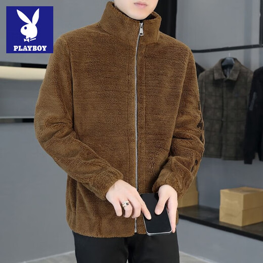 Playboy Double-sided Velvet Jacket Men's Autumn and Winter New Thick Velvet Warm High-end Loose Casual Jacket Men's Jacket Upgraded Velvet Lining Stand Collar Gray 2XL Recommended 130-145 Jin Jin equals 0.5 kg