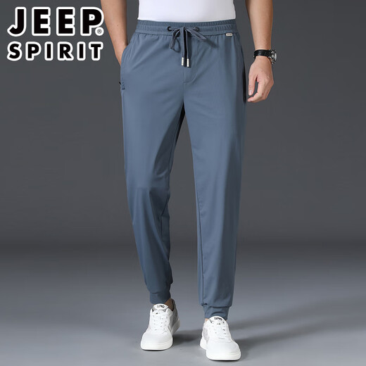 吉普（JEEP）高端冰丝裤男士休闲裤夏季薄款运动男裤垂感宽松束脚速干男裤子 黑色 【冰丝薄款】 L 【适合130-140斤】
