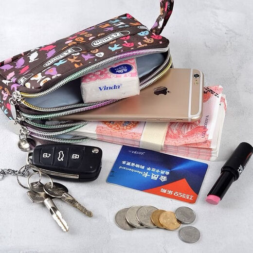Mangcang three zipper fabric wrist clutch bag women fashion versatile cartoon student bag long change key mobile phone bag style love