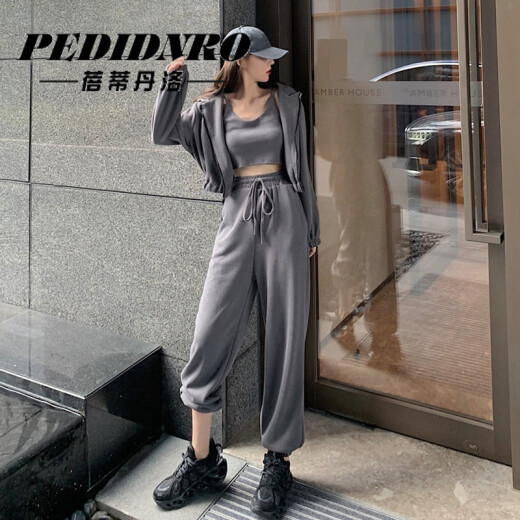 PEDIDNRO light luxury brand sports suit for women 2020 new casual fashion leggings two-piece set slim hooded sweatshirt for women dark gray jacket + vest + trousers L