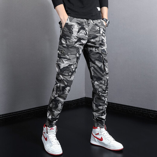 Gekochte Cui (Shucui) Frühlings- und Sommer-Herren-Freizeithosen koreanische Art Trendy Marke Slim-Fit-Hosen Persönlichkeit Vielseitige Mode elastische Taille Multi-Tocket-Arbeitshose Herren trendige Tarnhosen WJL-691C Grau Camouflage Größe 28 (Waist Cirps 1 Foot 1)