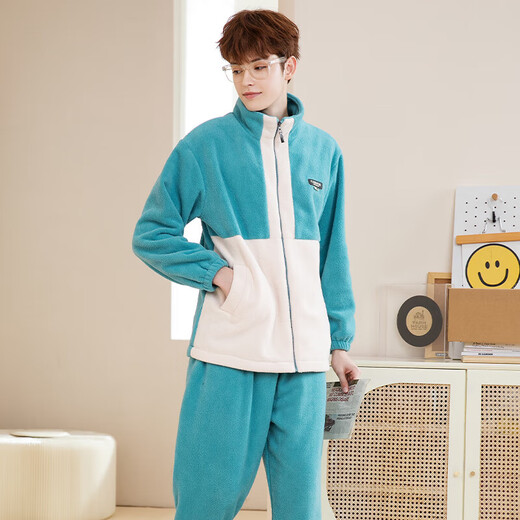 Fenten Couple Pajamas Autumn and Winter Zipper Stand Collar Anti-static Wearable Warm Home Clothing Set Pajamas Hulan-Men's 2XL
